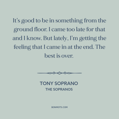 A quote from The Sopranos about the mafia: “It’s good to be in something from the ground floor. I came too late…”