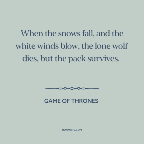 A quote from Game of Thrones about strength in numbers: “When the snows fall, and the white winds blow, the lone wolf…”