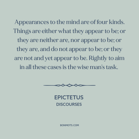 A quote by Epictetus about appearance vs. reality: “Appearances to the mind are of four kinds. Things are either what…”