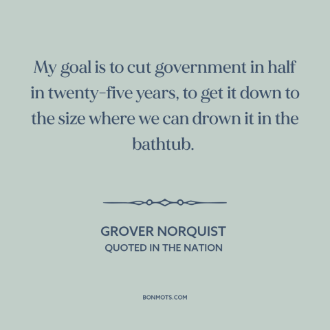 A quote by Grover Norquist about government spending: “My goal is to cut government in half in twenty-five years, to get it…”