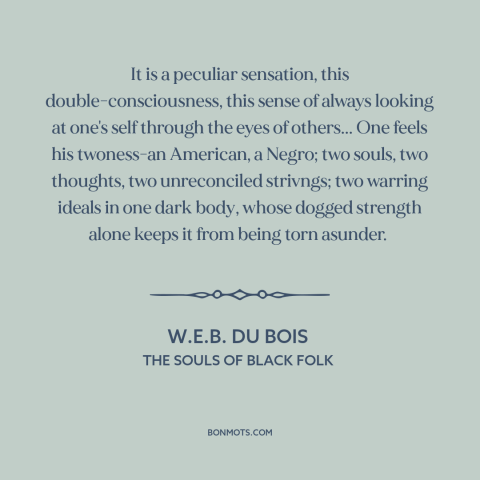 A quote by W.E.B. Du Bois about black experience: “It is a peculiar sensation, this double-consciousness, this sense…”