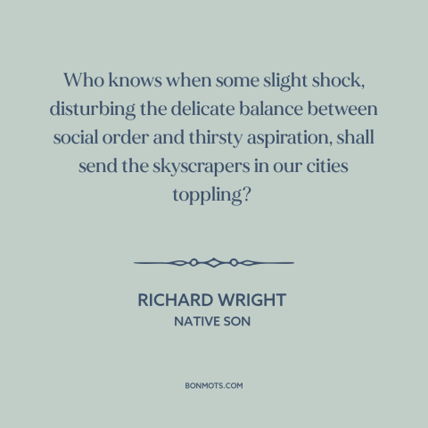 A quote by Richard Wright about riots: “Who knows when some slight shock, disturbing the delicate balance between social…”