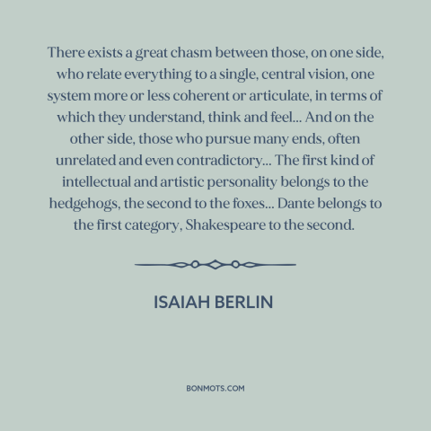 A quote by Isaiah Berlin about hedgehogs and foxes: “There exists a great chasm between those, on one side, who…”