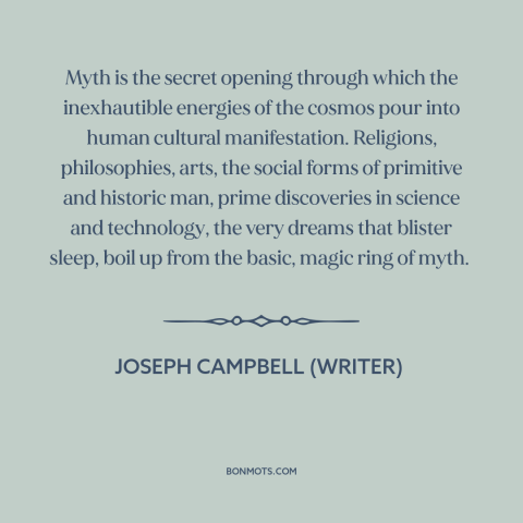 A quote by Joseph Campbell (writer) about myth: “Myth is the secret opening through which the inexhautible energies of…”