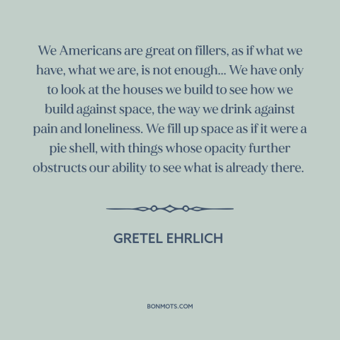 A quote by Gretel Ehrlich about American character: “We Americans are great on fillers, as if what we have, what we are…”