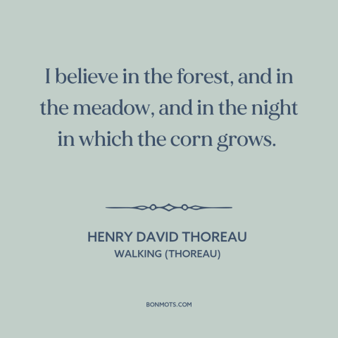 A quote by Henry David Thoreau about nature: “I believe in the forest, and in the meadow, and in the night in…”