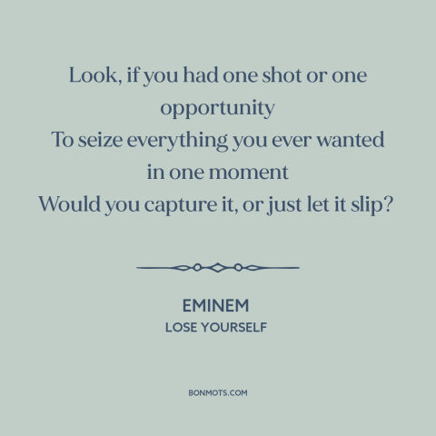 A quote by Eminem about opportunities: “Look, if you had one shot or one opportunity To seize everything you ever…”