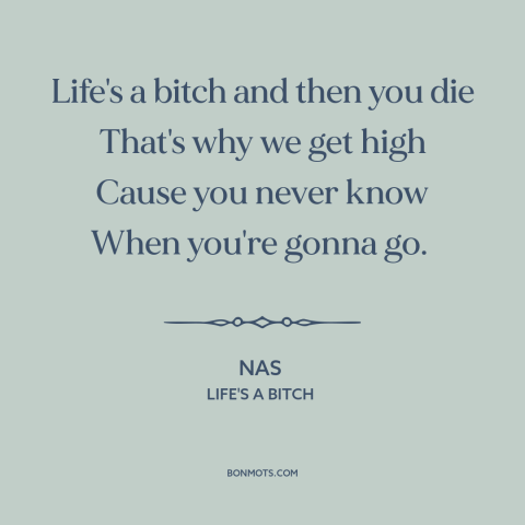 A quote by Nas about the human condition: “Life's a bitch and then you die That's why we get high Cause you…”