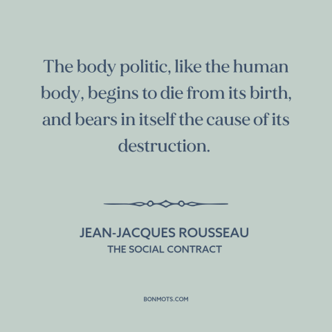 A quote by Jean-Jacques Rousseau about political community: “The body politic, like the human body, begins to die from…”