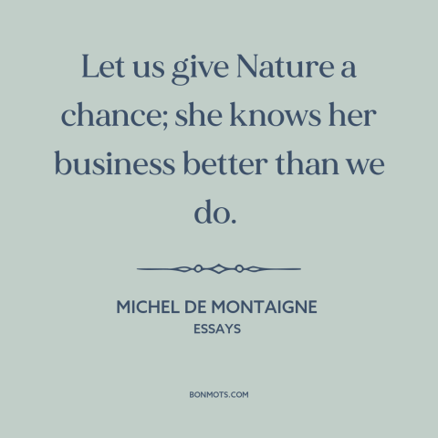 A quote by Michel de Montaigne about nature: “Let us give Nature a chance; she knows her business better than we do.”