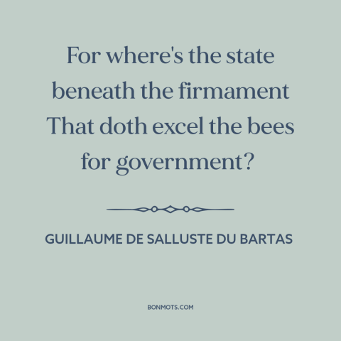 A quote by Guillaume de Salluste Du Bartas about bees: “For where's the state beneath the firmament That doth excel…”