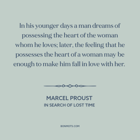 A quote by Marcel Proust about men and women: “In his younger days a man dreams of possessing the heart of the woman…”