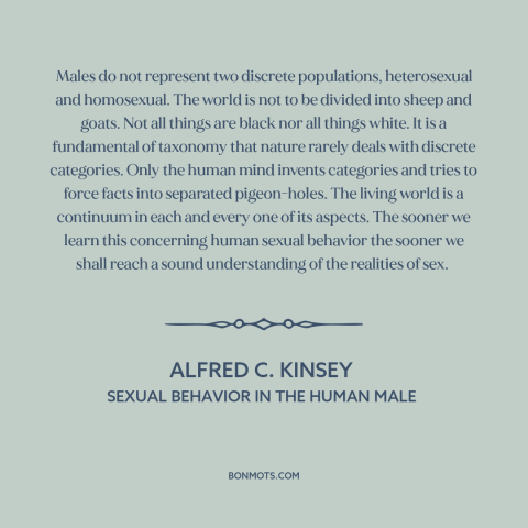 A quote by Alfred C. Kinsey about sexuality: “Males do not represent two discrete populations, heterosexual and homosexual.”