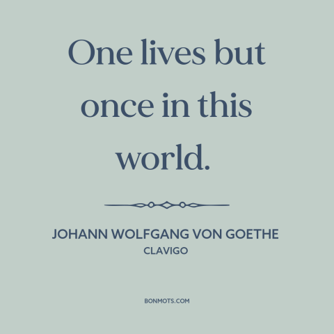 A quote by Johann Wolfgang von Goethe about preciousness of life: “One lives but once in this world.”