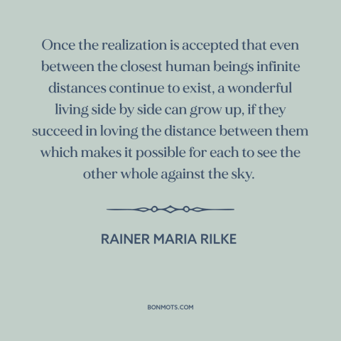 A quote by Rainer Maria Rilke about connecting with others: “Once the realization is accepted that even between…”