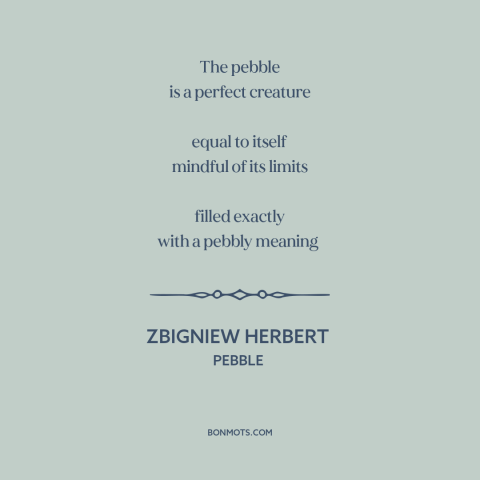 A quote by Zbigniew Herbert about nature: “The pebble is a perfect creature equal to itself mindful of its limits…”