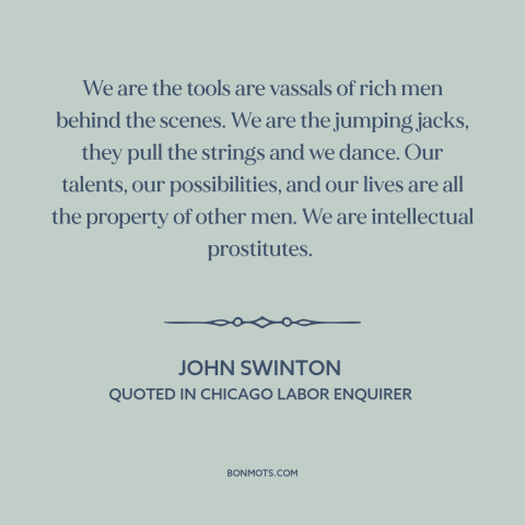 A quote by John Swinton about journalism: “We are the tools are vassals of rich men behind the scenes. We are…”