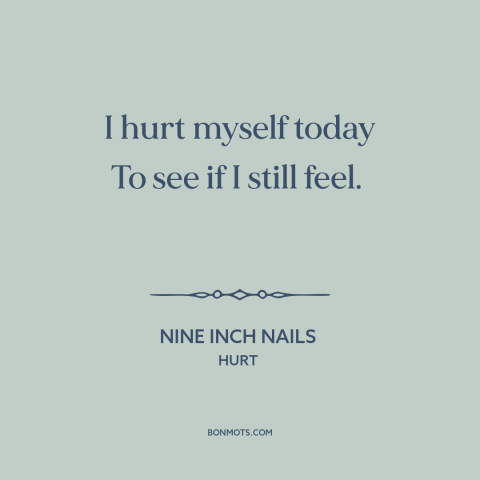 A quote by Nine Inch Nails about self-harm: “I hurt myself today To see if I still feel.”