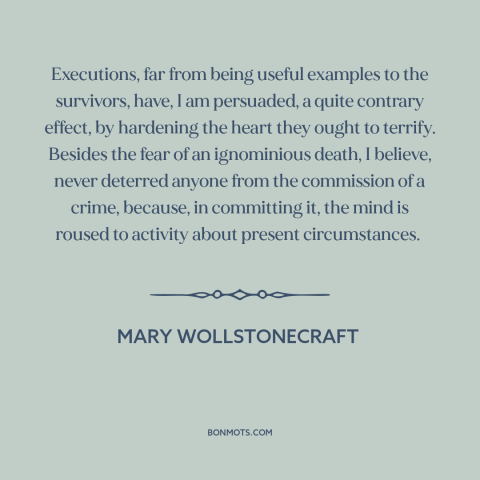 A quote by Mary Wollstonecraft about capital punishment: “Executions, far from being useful examples to the survivors…”