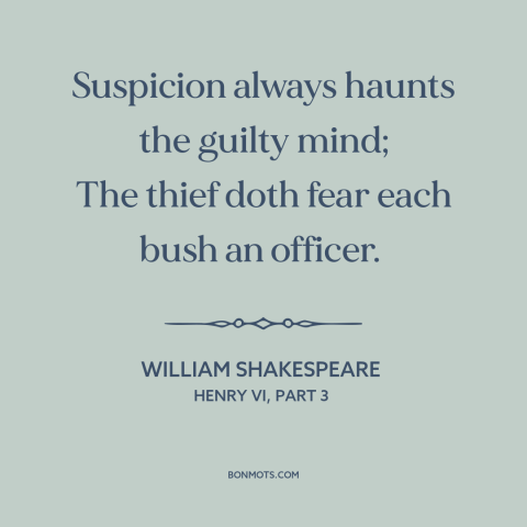 A quote by William Shakespeare about guilty conscience: “Suspicion always haunts the guilty mind; The thief doth fear…”