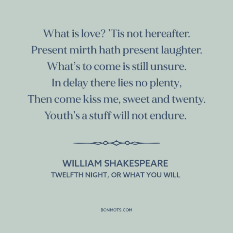 A quote by William Shakespeare about living in the moment: “What is love? ’Tis not hereafter. Present mirth hath…”