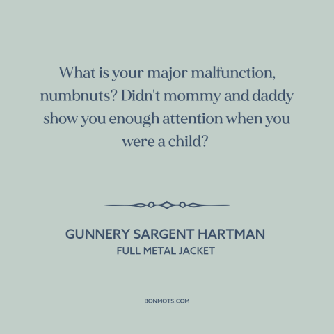 A quote from Full Metal Jacket: “What is your major malfunction, numbnuts? Didn't mommy and daddy show you enough attention…”