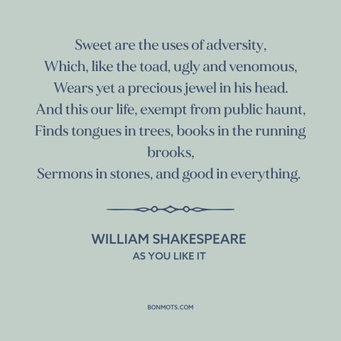 A quote by William Shakespeare about learning from adversity: “Sweet are the uses of adversity, Which, like the toad…”