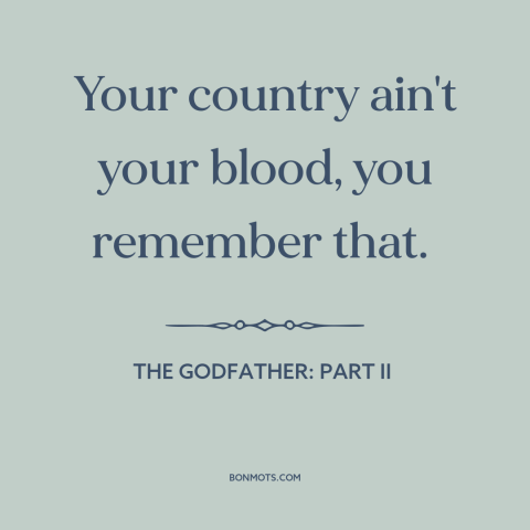 A quote from The Godfather: Part II about family: “Your country ain't your blood, you remember that.”