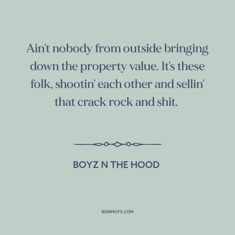 A quote from Boyz n the Hood about crack epidemic: “Ain't nobody from outside bringing down the property value. It's…”