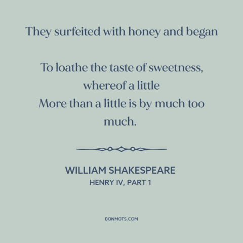 A quote by William Shakespeare about excess: “They surfeited with honey and began To loathe the taste of sweetness, whereof…”