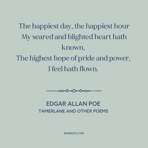 A quote by Edgar Allan Poe about the best is over: “The happiest day, the happiest hour My seared and blighted heart…”