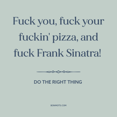 A quote from Do the Right Thing about ethnic conflict: “Fuck you, fuck your fuckin' pizza, and fuck Frank Sinatra!”