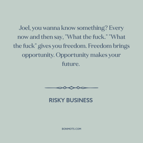 A quote from Risky Business about questioning authority: “Joel, you wanna know something? Every now and then say…”