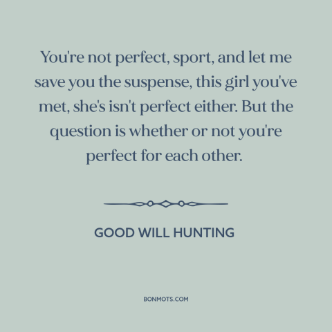 A quote from Good Will Hunting about imperfection: “You're not perfect, sport, and let me save you the suspense…”