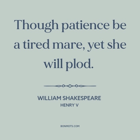 A quote by William Shakespeare about patience: “Though patience be a tired mare, yet she will plod.”