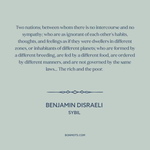 A quote by Benjamin Disraeli about rich vs. poor: “Two nations; between whom there is no intercourse and no sympathy; who…”