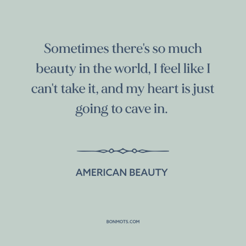 A quote from American Beauty about beauty: “Sometimes there's so much beauty in the world, I feel like I can't take…”