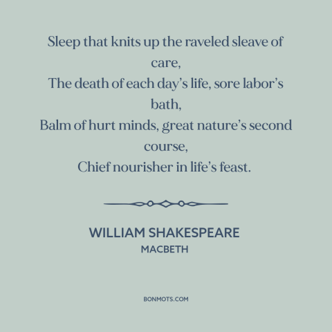 A quote by William Shakespeare about sleep: “Sleep that knits up the raveled sleave of care, The death of each day’s…”