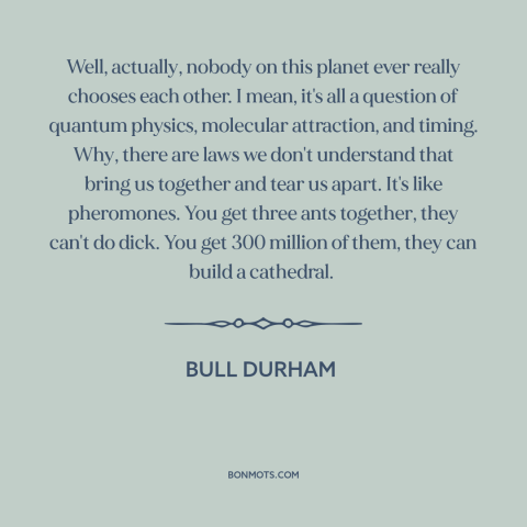 A quote from Bull Durham  about attraction: “Well, actually, nobody on this planet ever really chooses each other. I…”