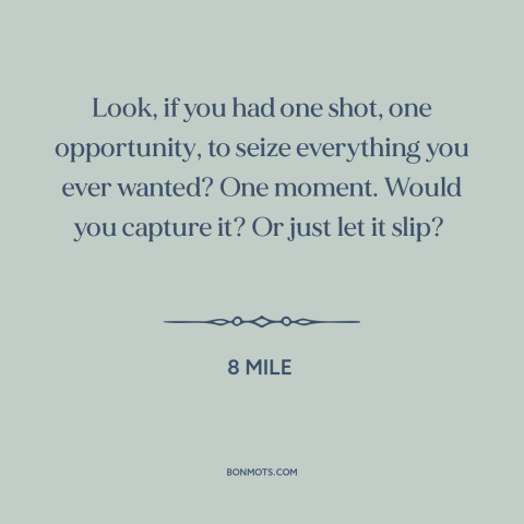 A quote from 8 Mile about going for it: “Look, if you had one shot, one opportunity, to seize everything you ever wanted?”