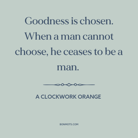 A quote from A Clockwork Orange about free will: “Goodness is chosen. When a man cannot choose, he ceases to be a man.”