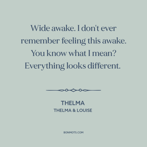 A quote from Thelma & Louise about feeling alive: “Wide awake. I don't ever remember feeling this awake. You know what I…”