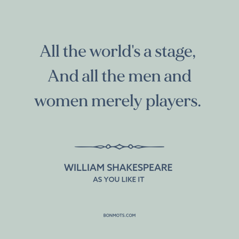 A quote by William Shakespeare about life as performance: “All the world's a stage, And all the men and women merely…”