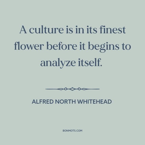 A quote by Alfred North Whitehead about culture: “A culture is in its finest flower before it begins to analyze itself.”