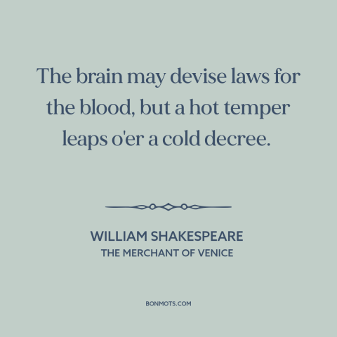 A quote by William Shakespeare about temper: “The brain may devise laws for the blood, but a hot temper leaps o'er…”