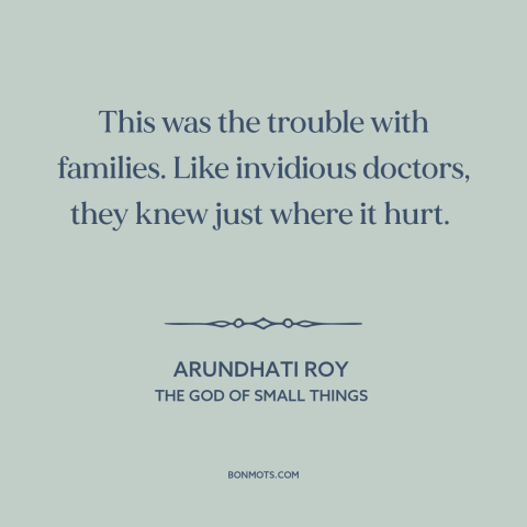 A quote by Arundhati Roy about hurting others: “This was the trouble with families. Like invidious doctors, they knew…”