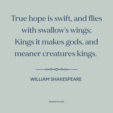 A quote by William Shakespeare about hope: “True hope is swift, and flies with swallow's wings; Kings it makes gods, and…”