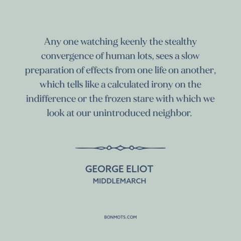 A quote by George Eliot about interconnectedness of all people: “Any one watching keenly the stealthy convergence of…”