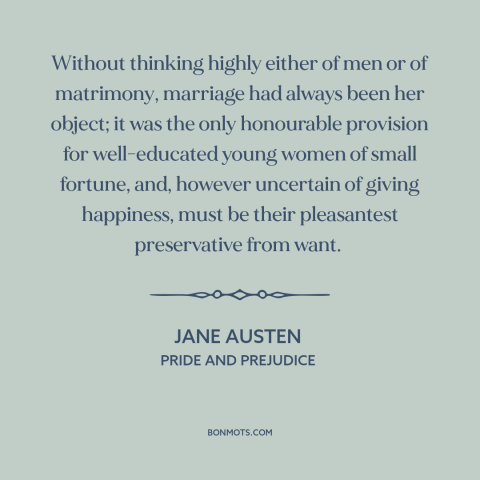 A quote by Jane Austen about marriage: “Without thinking highly either of men or of matrimony, marriage had always been her…”