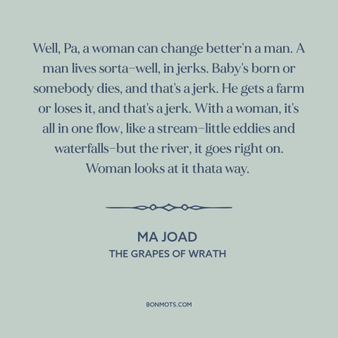 A quote from The Grapes of Wrath about nature of men: “Well, Pa, a woman can change better'n a man. A man lives sorta—well…”